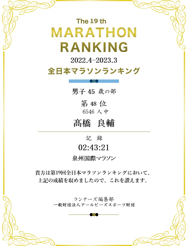 全日本マラソンランキング２０２２